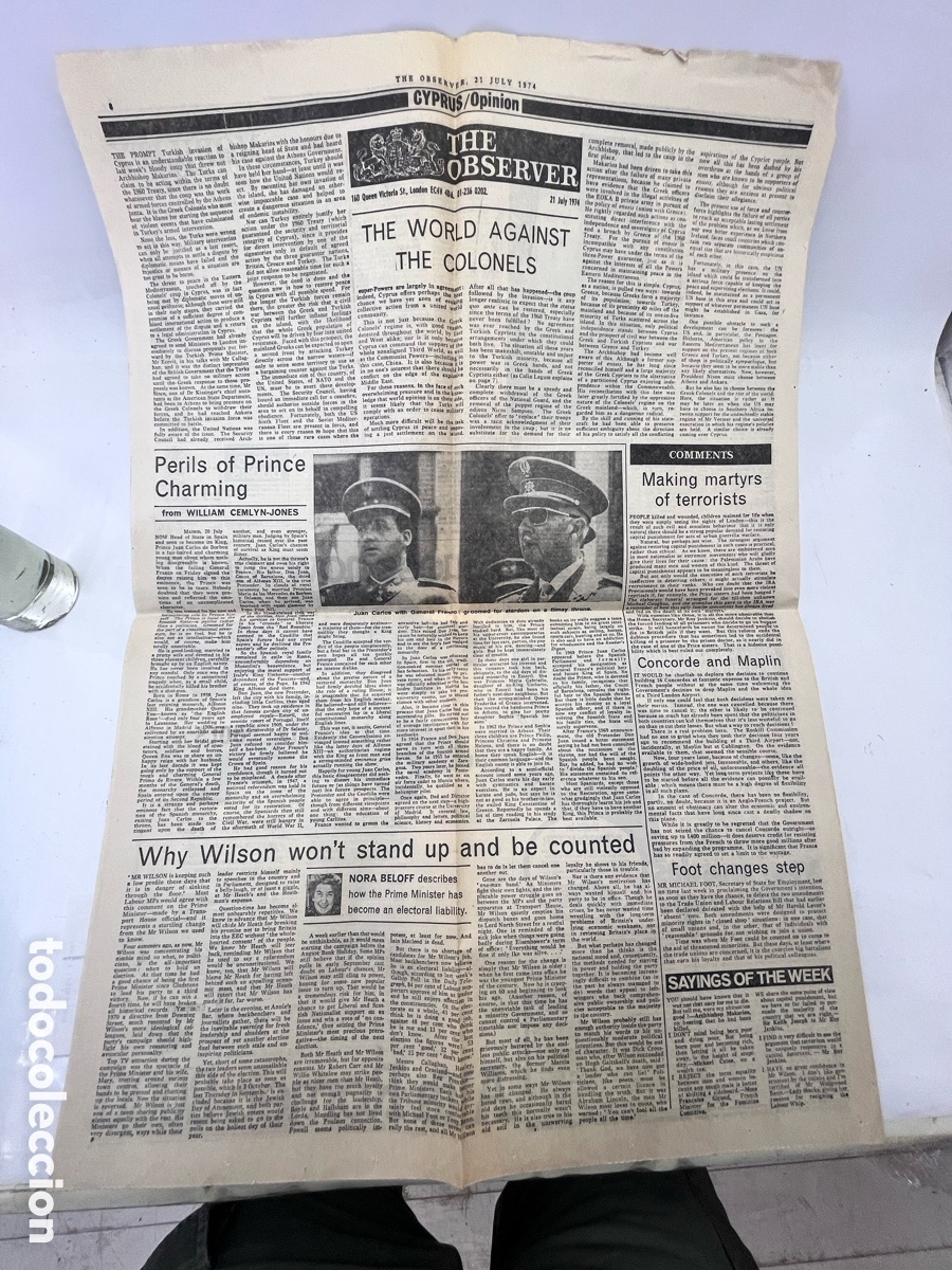 Colecionismo de Revistas e Jornais: THE OBSEVER , 21 Juli 1974 - hojas del peri&oacute;dico ingl&eacute;s hablado de la relaci&oacute;n del pr&iacute;ncipe y Franco