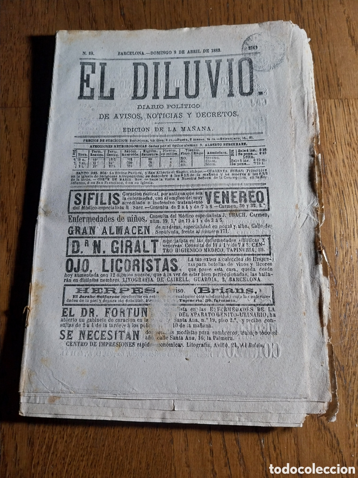 Collection Magazines and Newspapers: EL DILUVIO 1883 SOCIEDAD FERROCARRILES DE ALMANSA A VALENCIA Y TARRAGONA.CASTELAR Y SAGASTA CONGRES