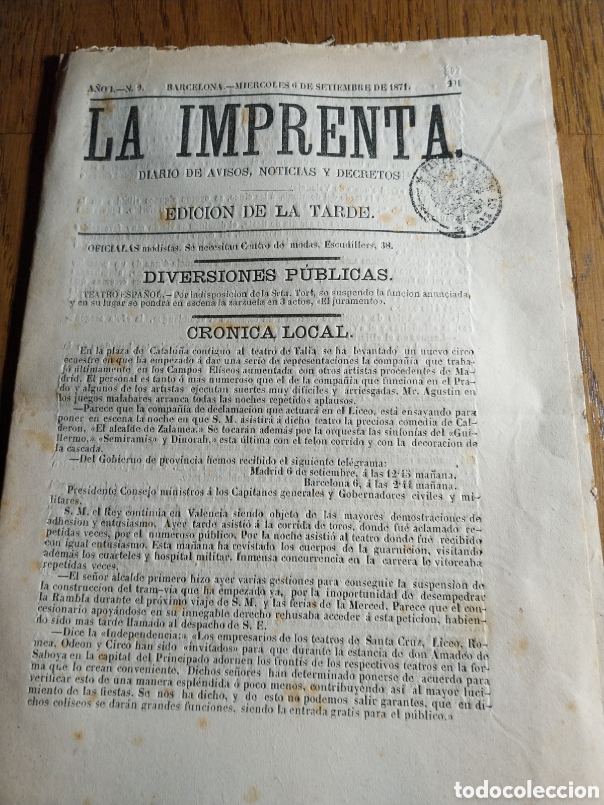 Coleccionismo de Revistas y Peri&oacute;dicos: PERIODICO 1871 VISITA A VALENCIA DE AMADEO I.FERROCARRILES DE TARRAGONA A MARTORELL Y BARCELONA