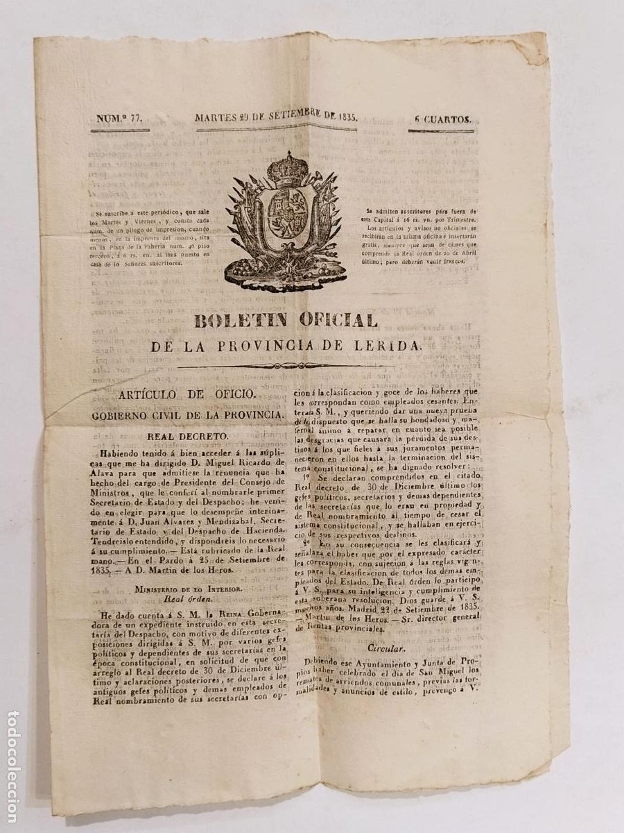 Coleccionismo de Revistas y Peri&oacute;dicos: LLEIDA - BOLETIN OFICIAL DE LA PROVINCIA DE LERIDA - 28 SEPTIEMBRE A&Ntilde;O 1835 -VER FOTOS-(K-14.148)