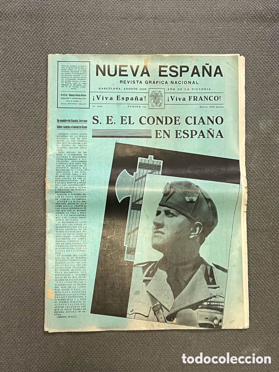 Coleccionismo de Revistas y Peri&oacute;dicos: NUEVA ESPA&Ntilde;A, REVISTA GRAFICA NACIONAL, Barcelona. Agosto de 1939.. No.13, S. E. EL CONDE CIANO..