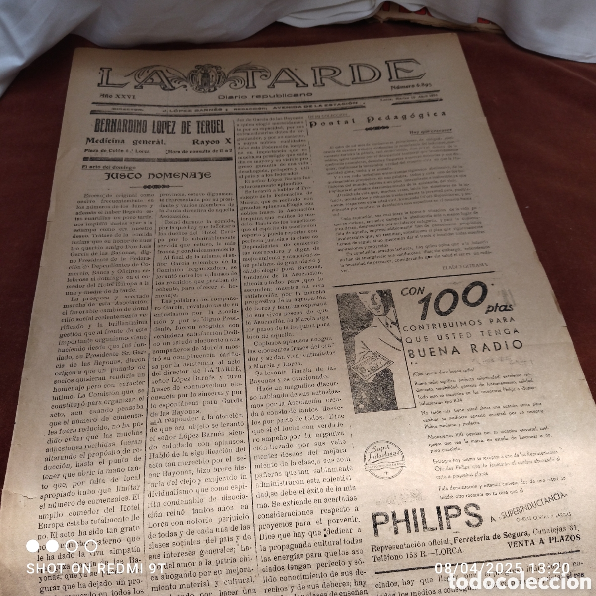 Collection Magazines and Newspapers: Diario Republicano La tarde Lorca 1934 n&deg; 6895
