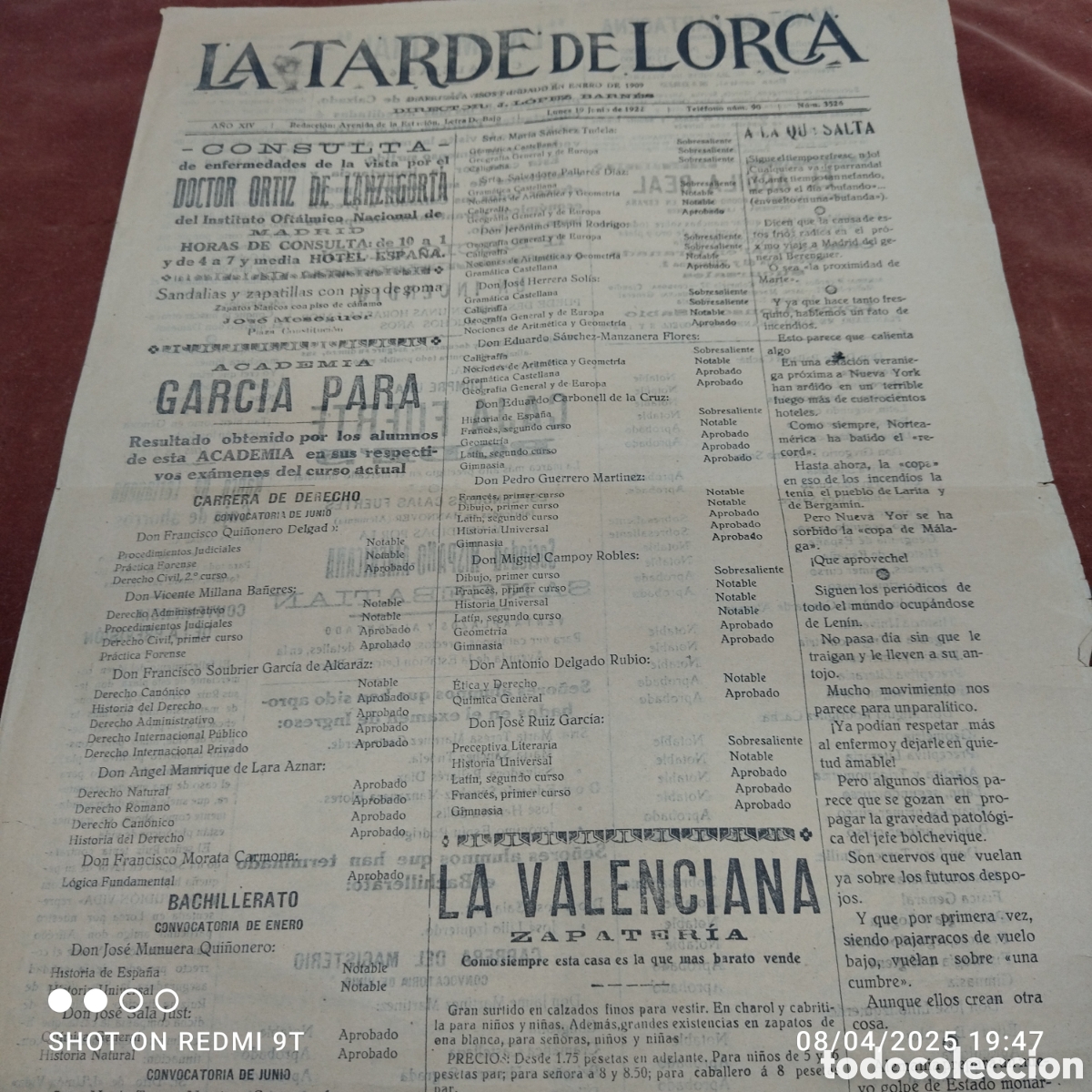 Collection Magazines and Newspapers: Diario La Tarde de Lorca n&deg; 3526 1922