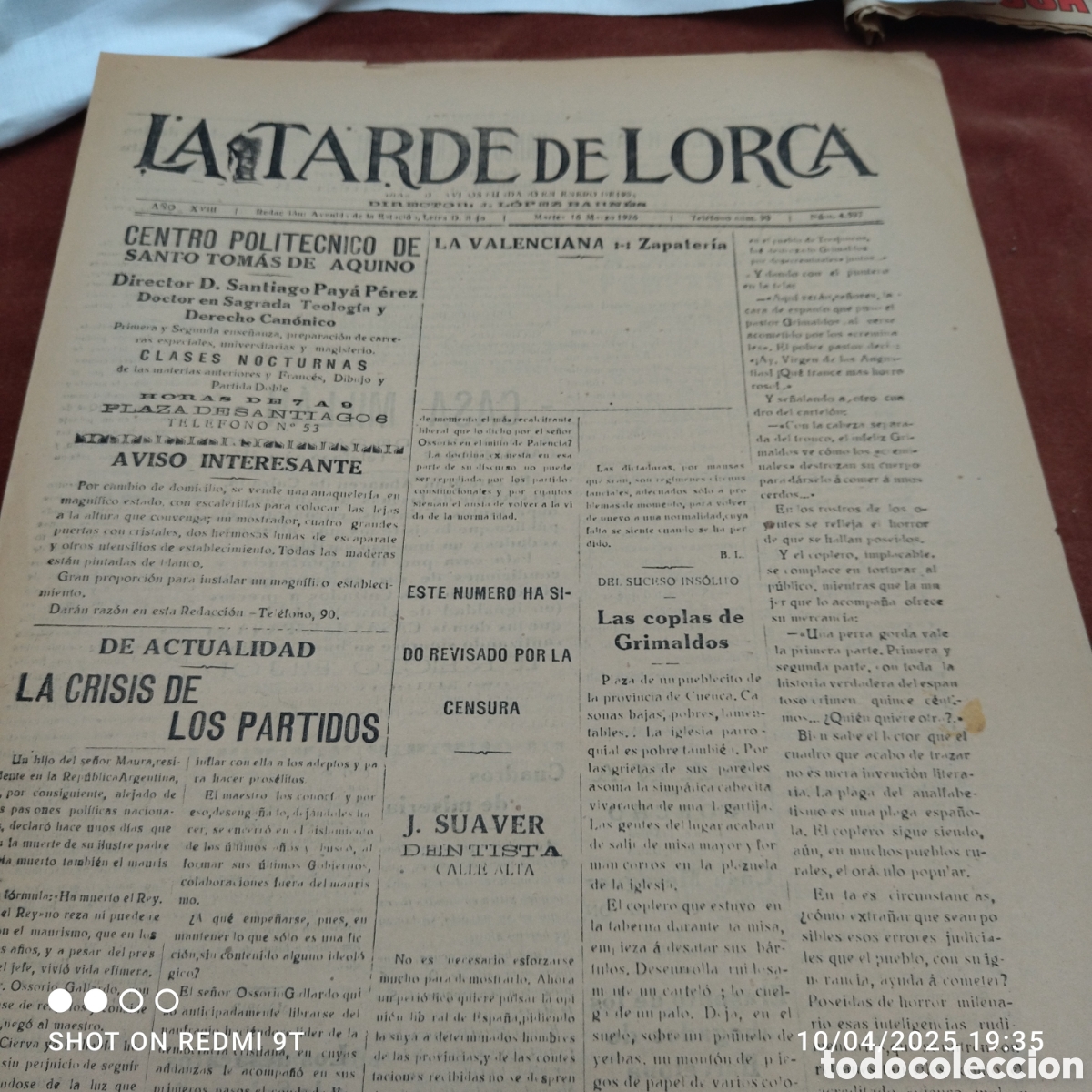 Sammeln von Zeitschriften und Zeitungen: Diario La Tarde de Lorca n&deg; 4597 marzo 1926