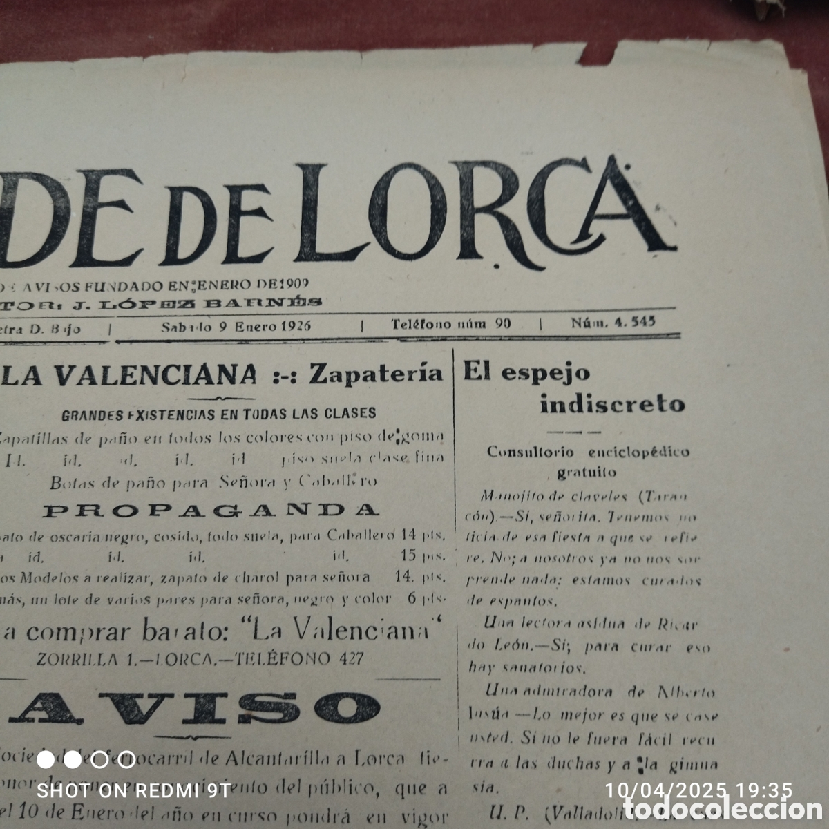 Sammeln von Zeitschriften und Zeitungen: Diario La Tarde de Lorca n&deg; 4545 1926 con error