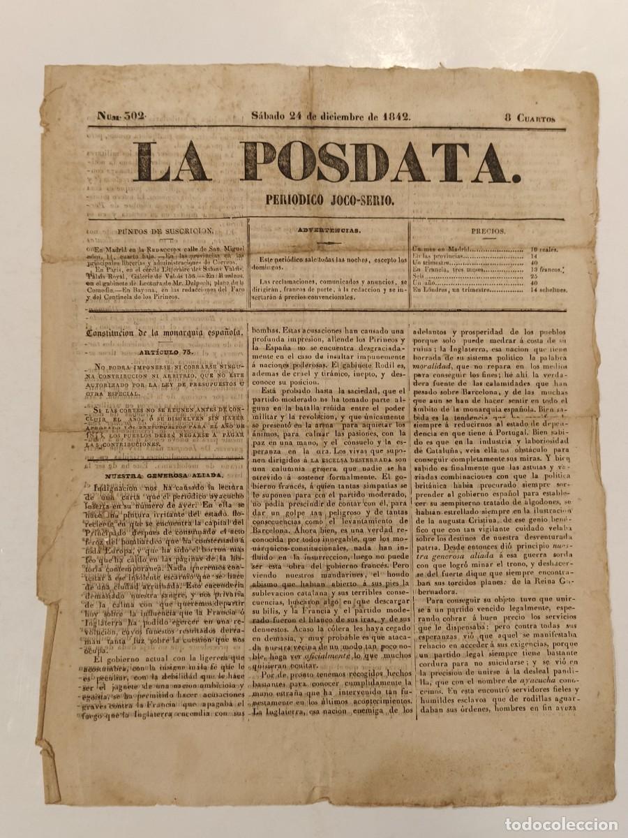 Collection Magazines and Newspapers: LA POSDATA - PERIODICO JOCO SERIO - A&Ntilde;O 1842 NUMERO 302 - ANTIGUO ORIGINAL -VER FOTOS-(V-26.846)