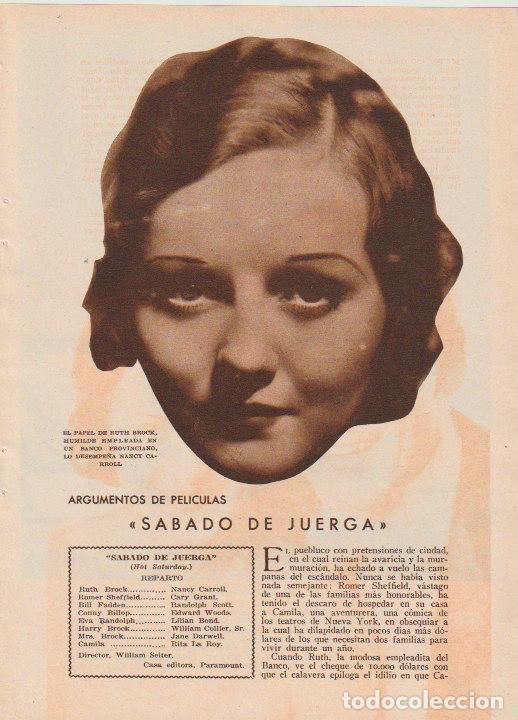 Collezionismo di Riviste e Giornali: * CINE * Argumentos de pel&iacute;culas: S&aacute;bado de Juerga, con Nancy Carroll, Lilian Bond, Cary - 1933