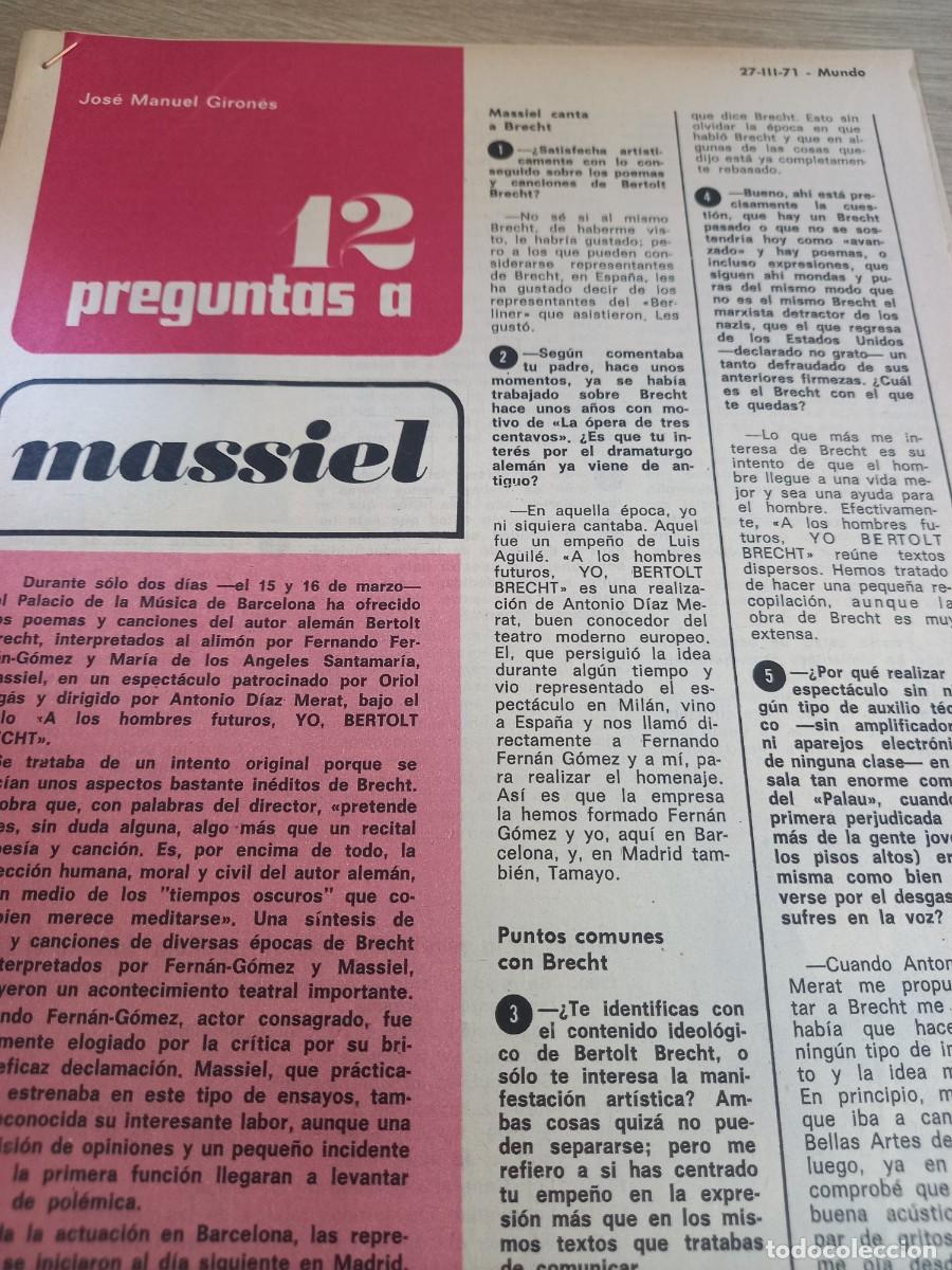 Coleccionismo de Revistas y Peri&oacute;dicos: ENTREVISTA A MASSIEL: CANTA A BRECHT JUNTO A FERN&Aacute;N-G&Oacute;MEZ. EXTRA&Iacute;DO DE REVISTA MUNDO MARZO 1971