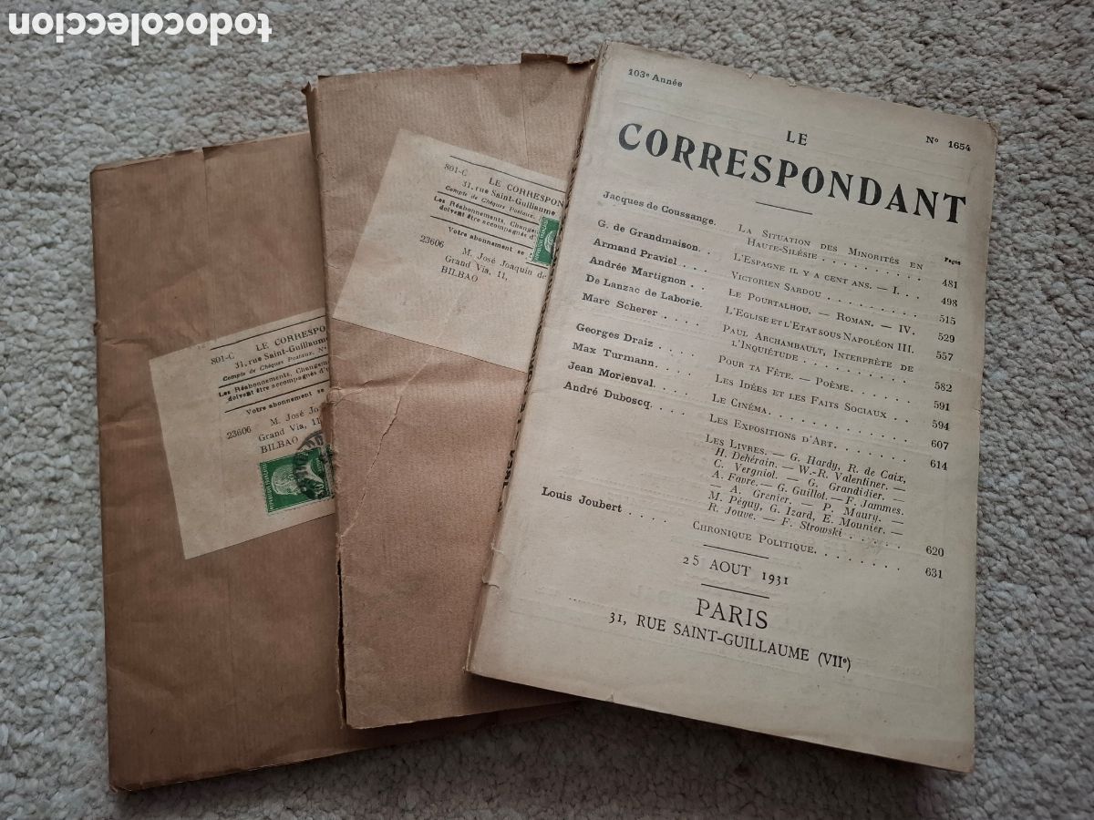 Coleccionismo de Revistas y Peri&oacute;dicos: Le Correspondant, 3 n&uacute;meros de los a&ntilde;os 30 de esta revista cat&oacute;lica francesa, dos con banda de env&iacute;o