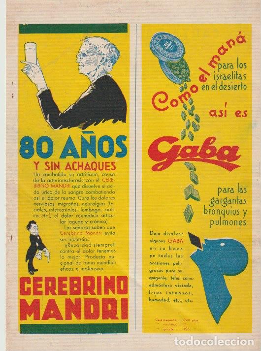 Coleccionismo de revistas y peri&oacute;dicos: Publicidad farmacia: Cerebrino Mandri y pastillas Gaba - 1933