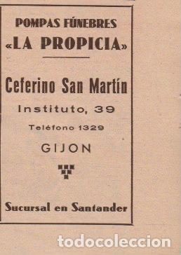 Coleccionismo de revistas y peri&oacute;dicos: * GIJ&Oacute;N * Publicidad pompas f&uacute;nebres La Propicia - 1933