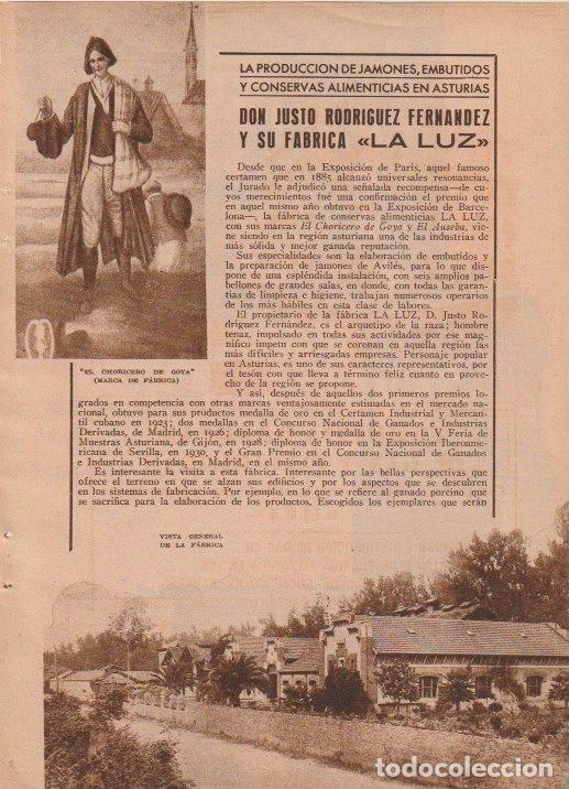 Coleccionismo de revistas y peri&oacute;dicos: * ASTURIAS * Jamones, embutidos y conservas f&aacute;brica LA LUZ de D. Justo Rodr&iacute;guez Fe - 1933
