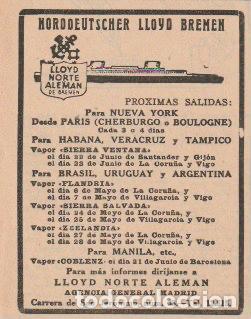 Coleccionismo de revistas y peri&oacute;dicos: Publicidad l&iacute;neas de navegaci&oacute;n Norddeutscher Lloyd Bremen - 1933