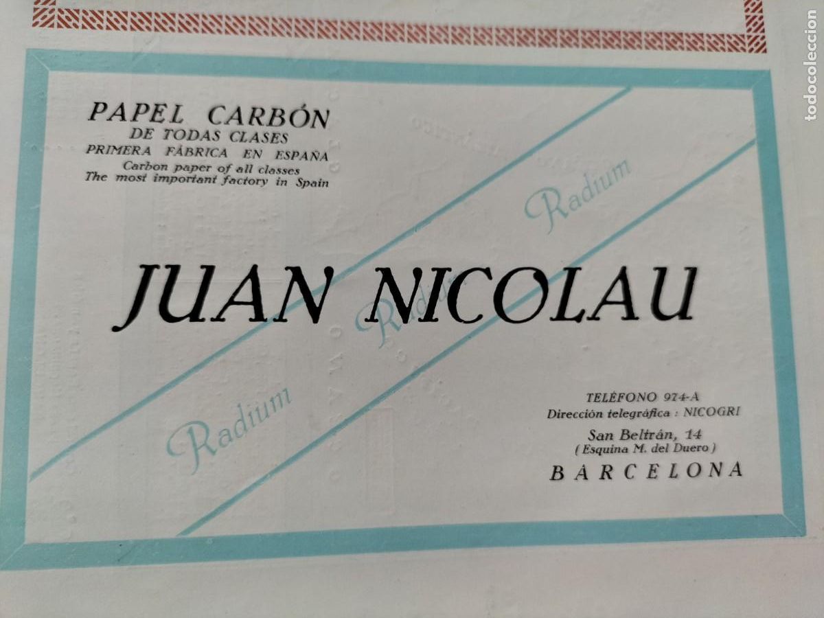 Coleccionismo de revistas y peri&oacute;dicos: FABRICA PAPEL CARBON DE TODAS CLASES JUAN NICOLAU BARCELONA HOJA A&Ntilde;O 1927