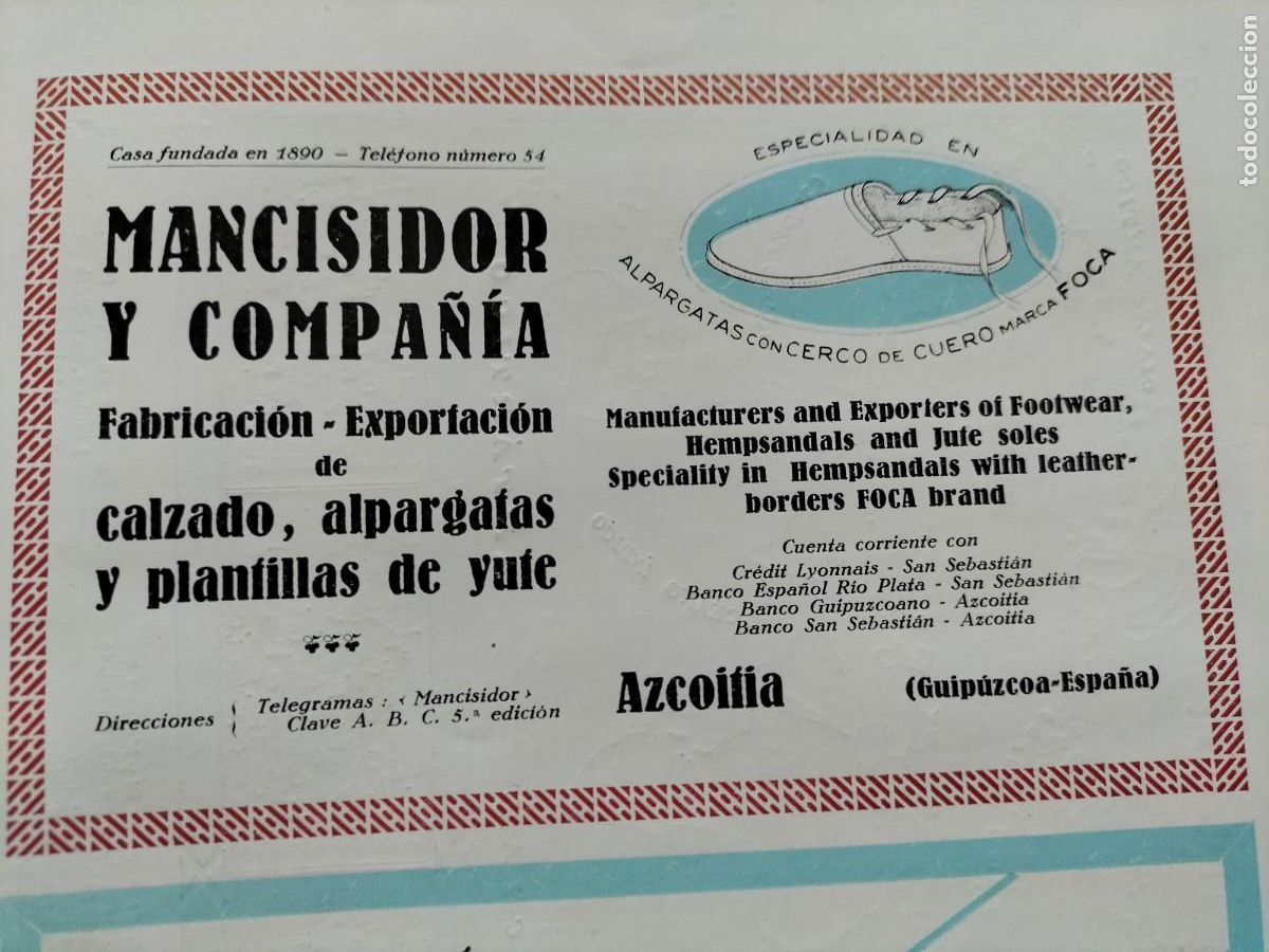 Sammeln von Zeitschriften und Zeitungen: FABRICA CALZADO ALPARGATAS PLANTILLAS YUTE MANCISIDOR AZCOITIA MARCA FOCA HOJA A&Ntilde;O 1927