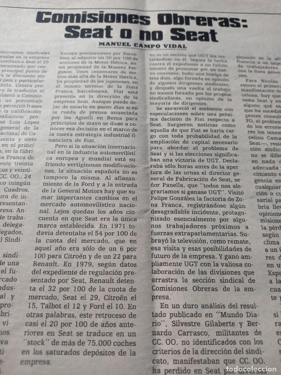 Coleccionismo de revistas y peri&oacute;dicos: COMISIONES OBRERAS Y CRISIS EN SEAT. RECORTE TRIUNFO MAYO 1980