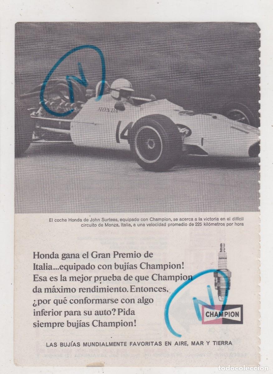 Coleccionismo de Revistas y Peri&oacute;dicos: PUBLICIDAD 1968. ANUNCIO BUJIAS CHAMPION. COCHE HONDA DE JOHN SURTEES