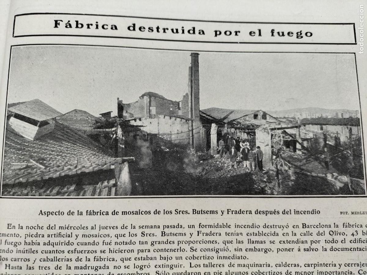 Coleccionismo de revistas y peri&oacute;dicos: FABRICA MOSAICOS BUTSEMS Y FRADERA DESTRUIDA POR UN INCENDIO BARCELONA HOJA A&Ntilde;O 1906