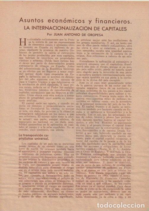 Coleccionismo de revistas y peri&oacute;dicos: * ECONOM&Iacute;A * FINANZAS * La internacionalizaci&oacute;n de capitales / Juan A. de Oropesa - 1933