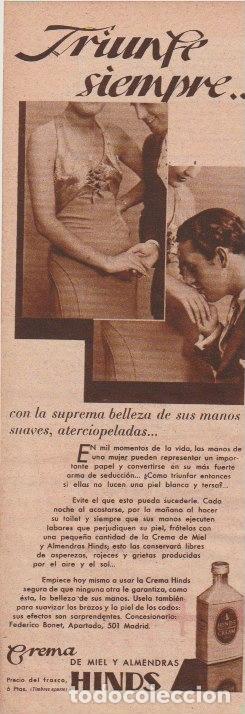 Coleccionismo de revistas y peri&oacute;dicos: Publicidad crema HINDS de miel y almendras - 1933