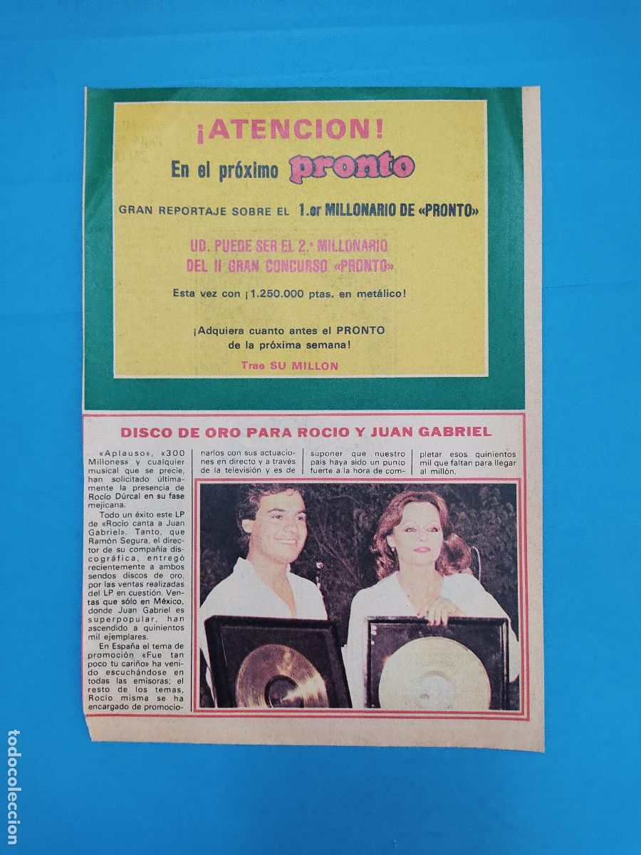 Coleccionismo de Revistas y Peri&oacute;dicos: RECORTE CLIPPING ROCIO DURCAL Y JUAN GABRIEL LETRA Y NO SE A QUE REVISTA PERTENECE