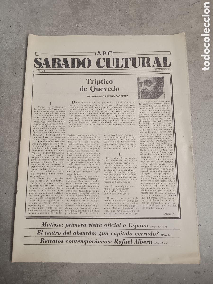 Coleccionismo de Revistas y Peri&oacute;dicos: PRIMER N&Uacute;MERO N&ordm; 1 - SABADO CULTURAL ABC - 18 DE -OCTUBRE DE 1980