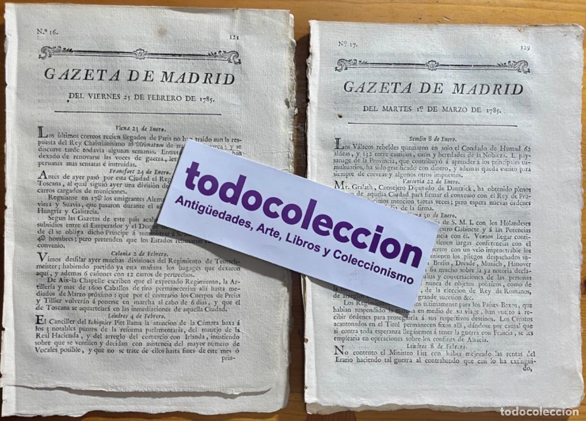 Colecionismo de Revistas e Jornais: PALMA MALLORCA- CADIZ- MADRID- GAZETA DE MADRID- DOS EJEMPLARES- GACETA- 1785