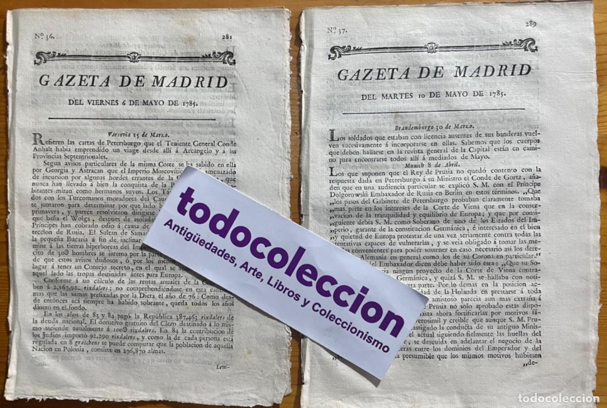 Colecionismo de Revistas e Jornais: BURGOS- CADIZ- MADRID- DOS EJEMPLARES- GAZETA DE MADRID- GACETA- 1785