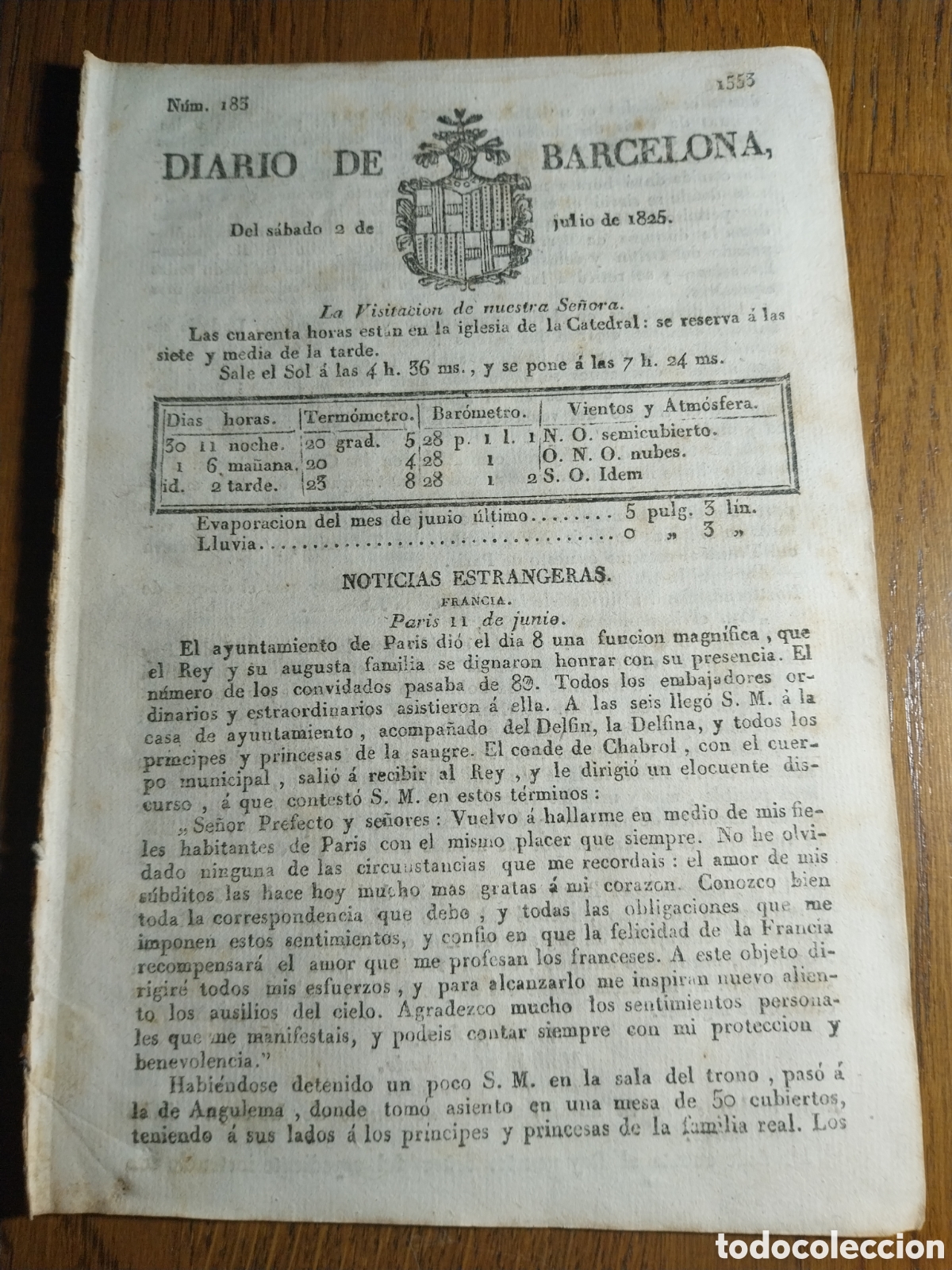 Sammeln von Zeitschriften und Zeitungen: DIARIO DE BARCELONA 1825 INAUGURACI&Oacute;N BA&Ntilde;OS MINERALES DE TRILLO. PRECIOS CORRIENTES PLAZA BARCELONA