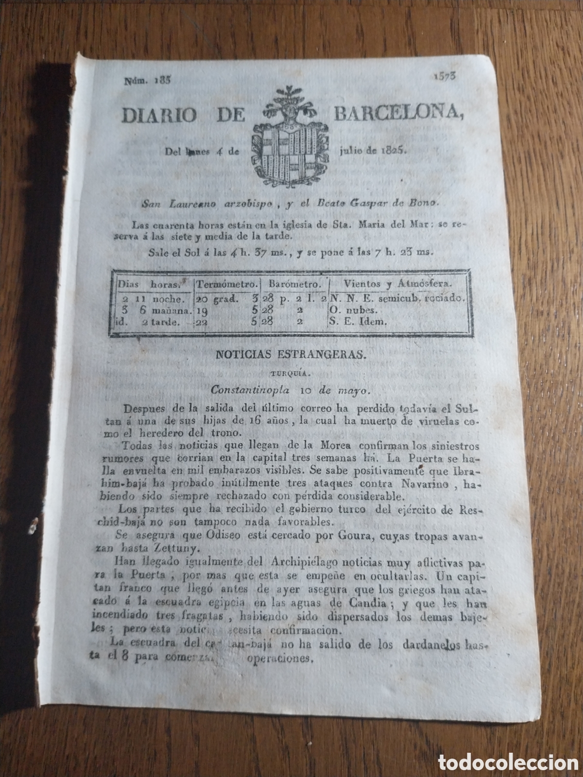 Sammeln von Zeitschriften und Zeitungen: DIARIO DE BARCELONA 1825 LLEGADA DE REYES A GENOVA. LOS REYES DE WURTEMBERG EN LAS TULLERIAS.