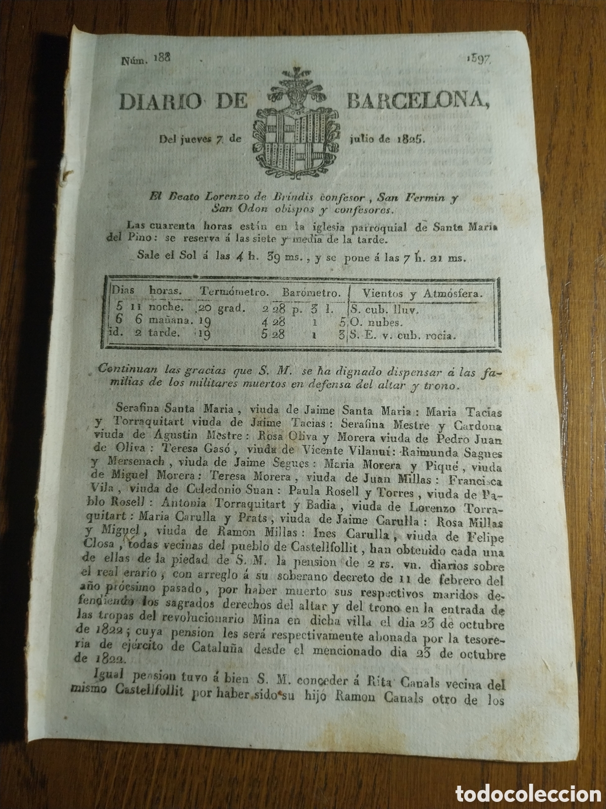 Sammeln von Zeitschriften und Zeitungen: DIARIO DE BARCELONA 1825 REAL ORDEN ESCUDOS DE VENTAJA .VILLA DE ARJONA DIA DE S.FERNANDO