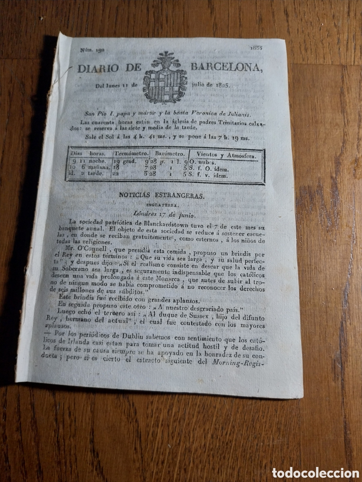Sammeln von Zeitschriften und Zeitungen: DIARIO DE BARCELONA 1825 SOCIEDAD PATRIOTICA DE BLANCKARDSTOWN. JUNTA GENERAL DEL BANCO DE FRANCIA