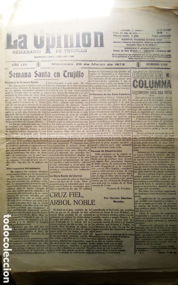 Coleccionismo de Revistas y Peri&oacute;dicos: La Opini&oacute;n. Semanario de Trujillo. 3343. Del 29-03-1972. Semana Santa en Trujillo, etc....