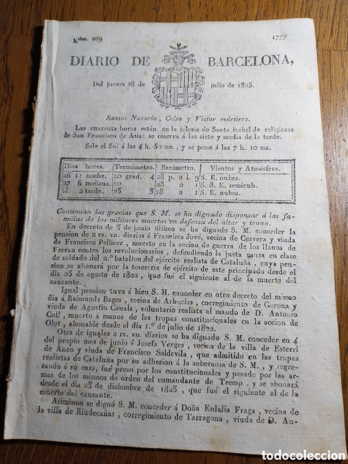 Collezionismo di Riviste e Giornali: DIARIO DE BARCELONA 1825 PENSIONES A FAMILIAS D MILITARES MUERTOS.SUBASTA EJERCITO CASTILLA LA VIEJA
