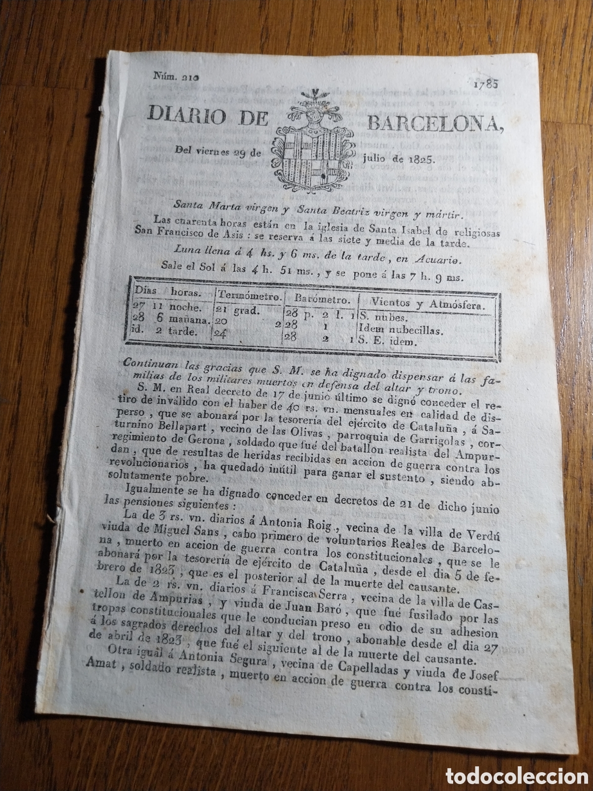 Collezionismo di Riviste e Giornali: DIARIO DE BARCELONA 1825 D.BLAS DE FOURMAS CAPITAN GENERAL GRANADA.TROZO DE MINA MARINER DEL PLA