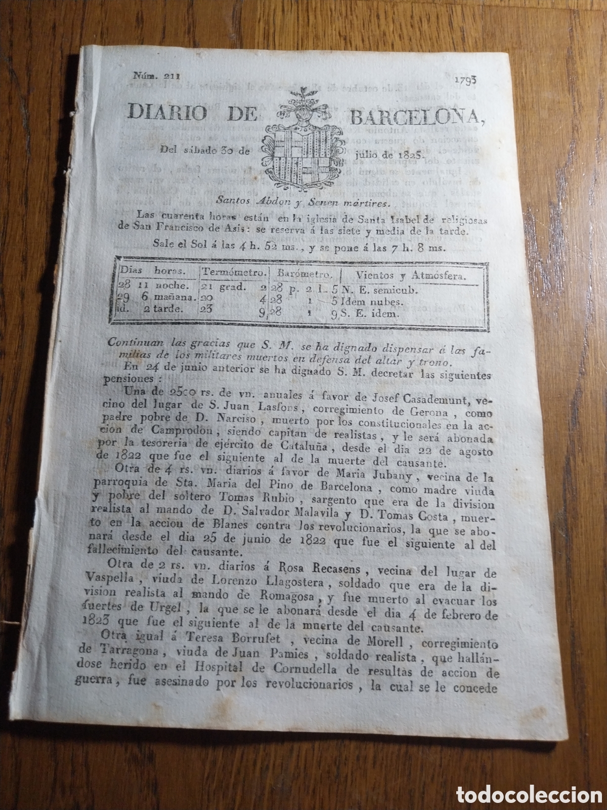 Collezionismo di Riviste e Giornali: DIARIO DE BARCELONA 1825 . VATICANO PRELADOS IGLESIAS ESPA&Ntilde;A.ENTRADAS GOLETAS Y FRAGATAS CADIZ