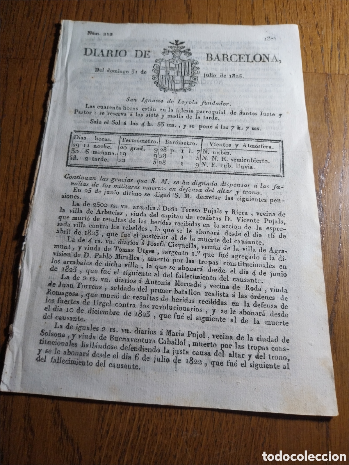 Collezionismo di Riviste e Giornali: DIARIO DE BARCELONA 1825 REAL ORDEN COBROS EN MONTES PIOS. ROMANCE HISTORICO CARLOS V TOMA TUNEZ