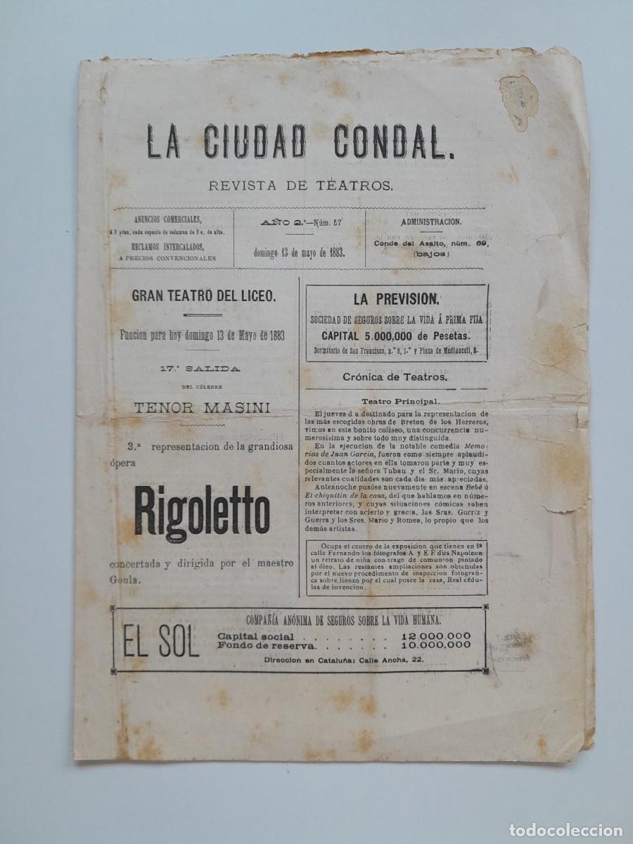 Collection Magazines and Newspapers: LA CIUDAD CONDAL. REVISTA DE TEATROS (BARCELONA) - ANY 2, N&Uacute;M. 57 (13 MAIG 1883)