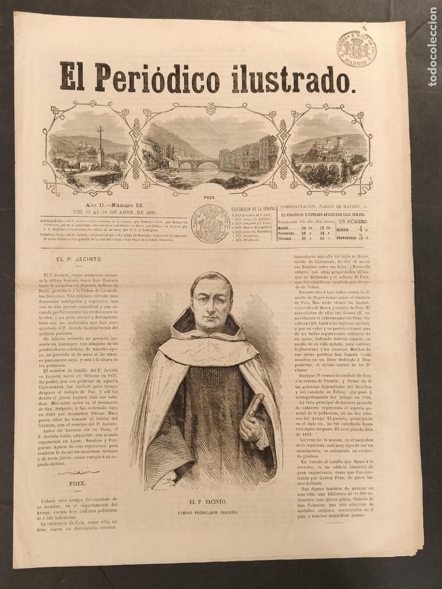 Coleccionismo de revistas y peri&oacute;dicos: EL PERIODICO ILUSTRADO - NUMERO 53 A&Ntilde;O 1866 - EL PADRE JACINTO - ORIGINAL ANTIGUO -(V-27.103)