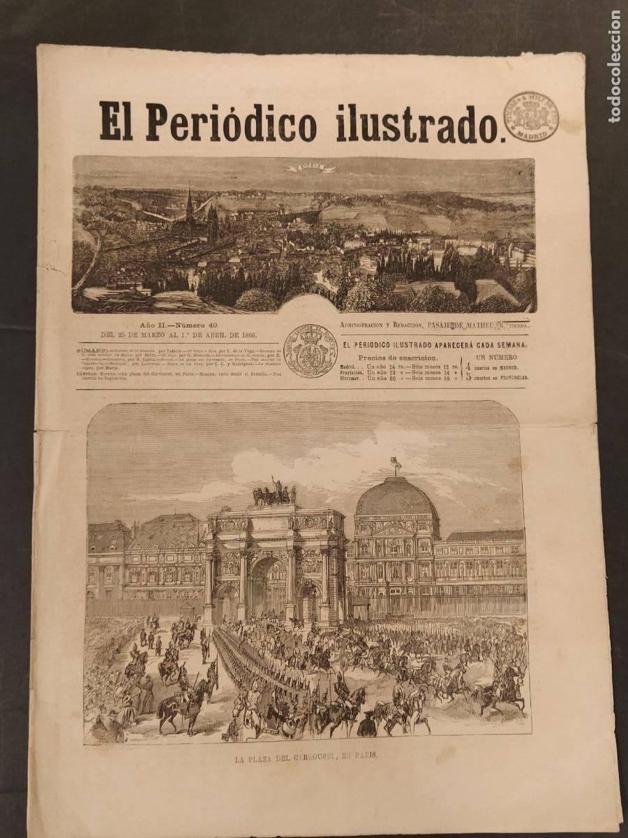 Collection Magazines and Newspapers: EL PERIODICO ILUSTRADO - NUMERO 49 A&Ntilde;O 1866 - PLAZA DEL CARROUSEL- ORIGINAL ANTIGUO -(V-27.103)