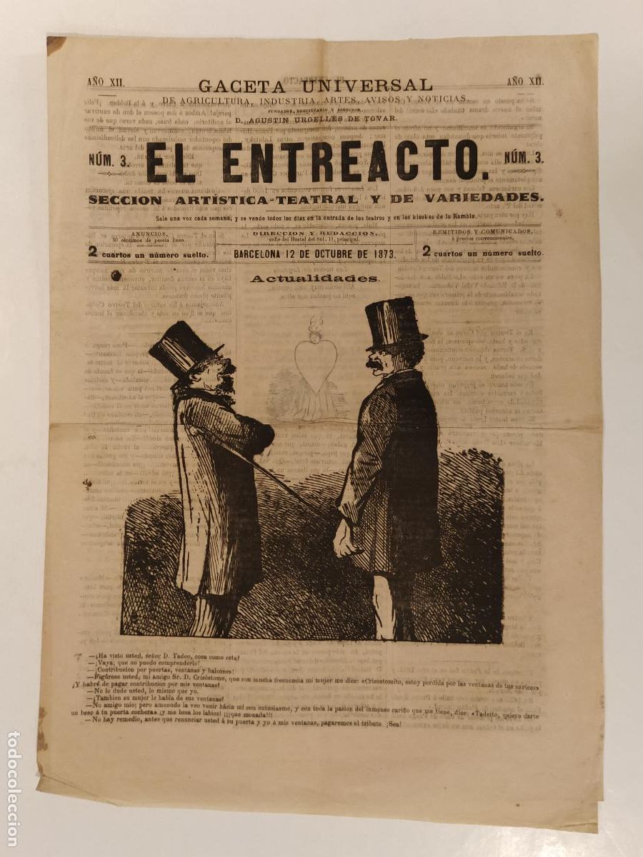 Collezionismo di Riviste e Giornali: EL ENTREACTO - NUMERO 3 A&Ntilde;O 1873 - SECCION ARTISTICA TEATRAL Y VARIEDADES - ANTIGUO -(K-14.410)