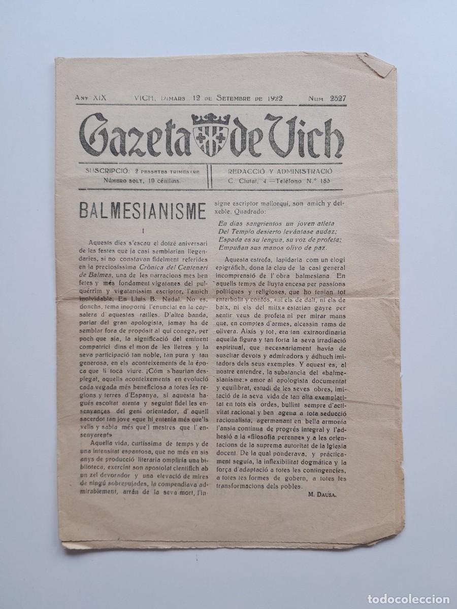 Collezionismo di Riviste e Giornali: GAZETA DE VICH (VIC) - ANY 19, N&Uacute;M. 2527 (12 SETEMBRE 1922)