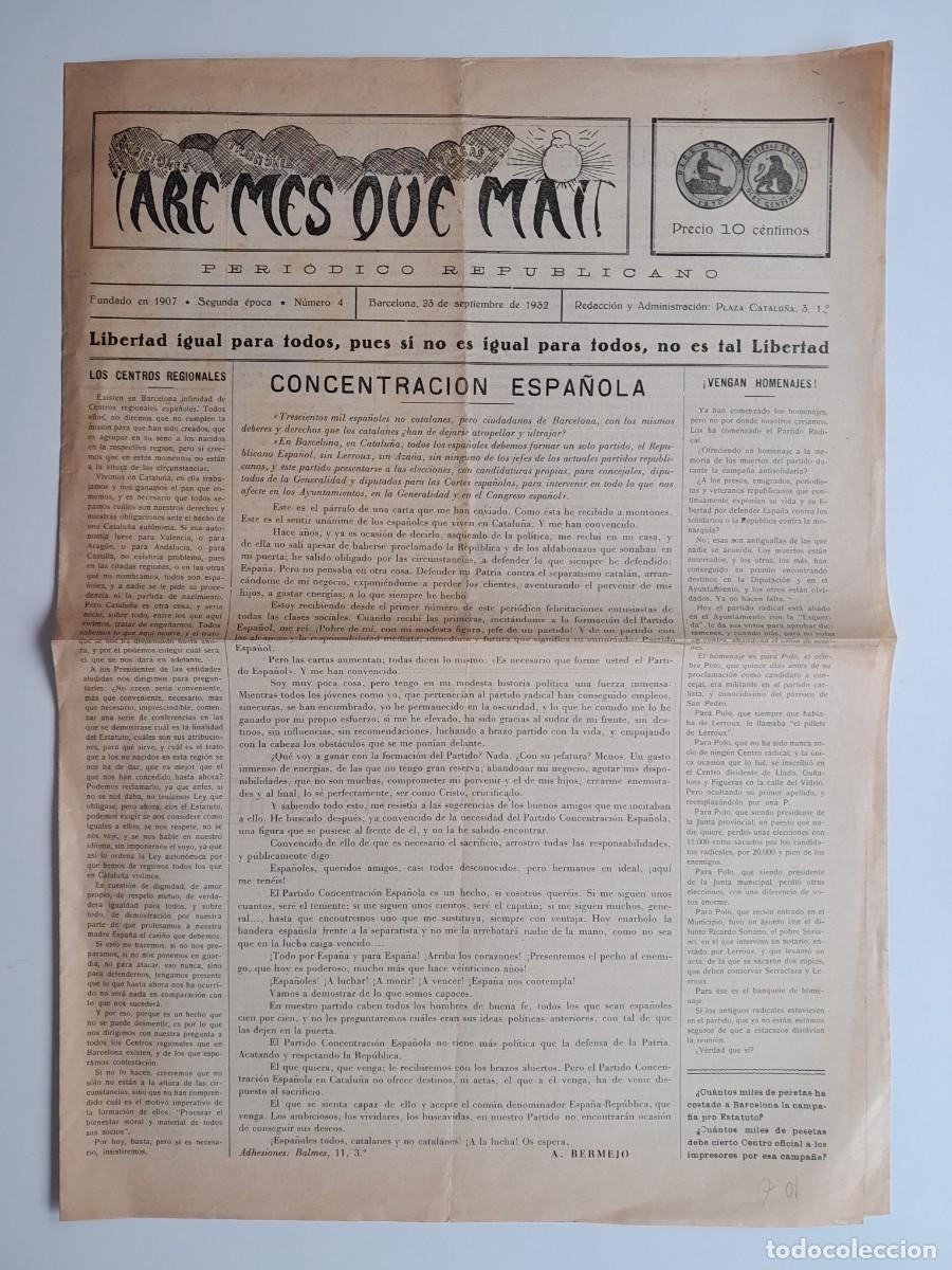 Sammeln von Zeitschriften und Zeitungen: ARE M&Eacute;S QUE MAI. PERI&Oacute;DICO REPUBLICANO (BARCELONA) - N&Uacute;M. 4 (23 SETEMBRE 1932)