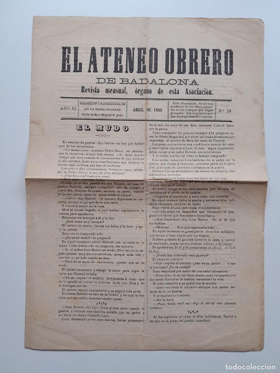 Coleccionismo de Revistas y Peri&oacute;dicos: EL ATENEO OBRERO DE BADALONA (BADALONA) - ANY 6, N&Uacute;M. 58 (ABRIL 1893)