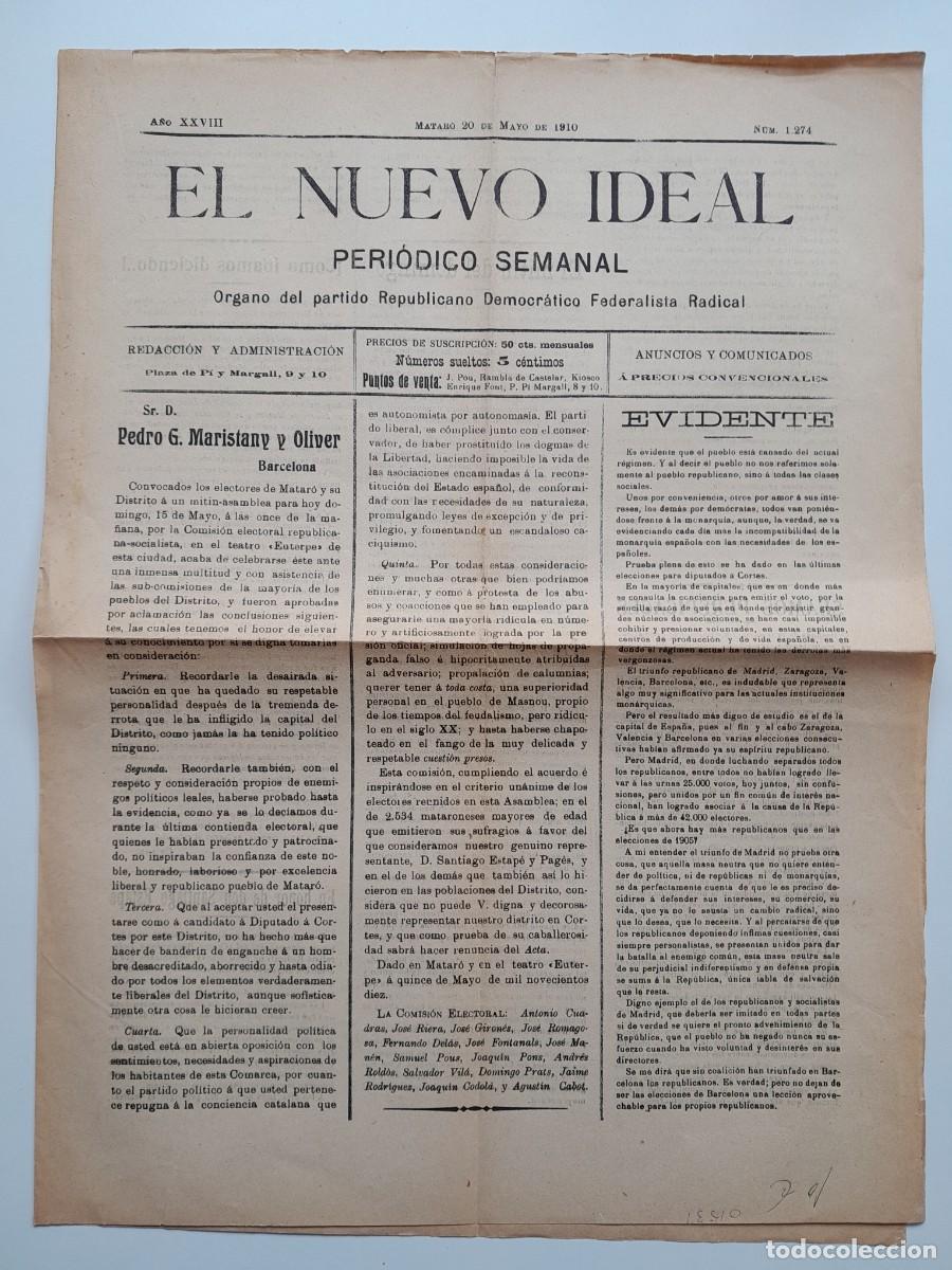 Sammeln von Zeitschriften und Zeitungen: EL NUEVO IDEAL (MATAR&Oacute;) - ANY 28, N&Uacute;M. 1274 (20 MAIG 1910)