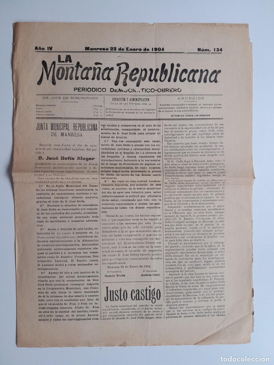 Sammeln von Zeitschriften und Zeitungen: LA MONTA&Ntilde;A REPUBLICANA (MANRESA) - ANY 4, N&Uacute;M. 134 (23 GENER 1904)