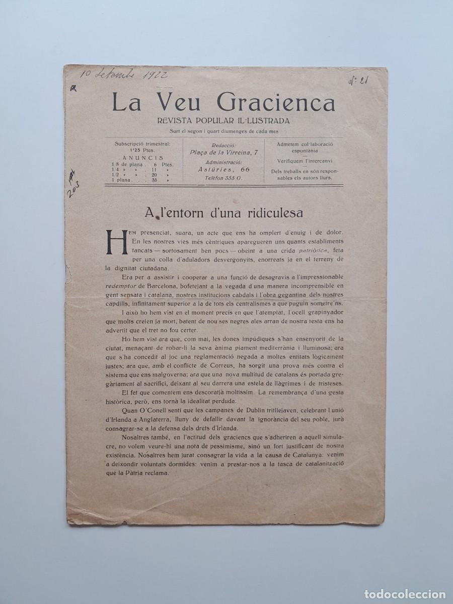 Sammeln von Zeitschriften und Zeitungen: LA VEU GRACIENCA (BARCELONA) - N&Uacute;M. 21 (10 SETEMBRE 1922)