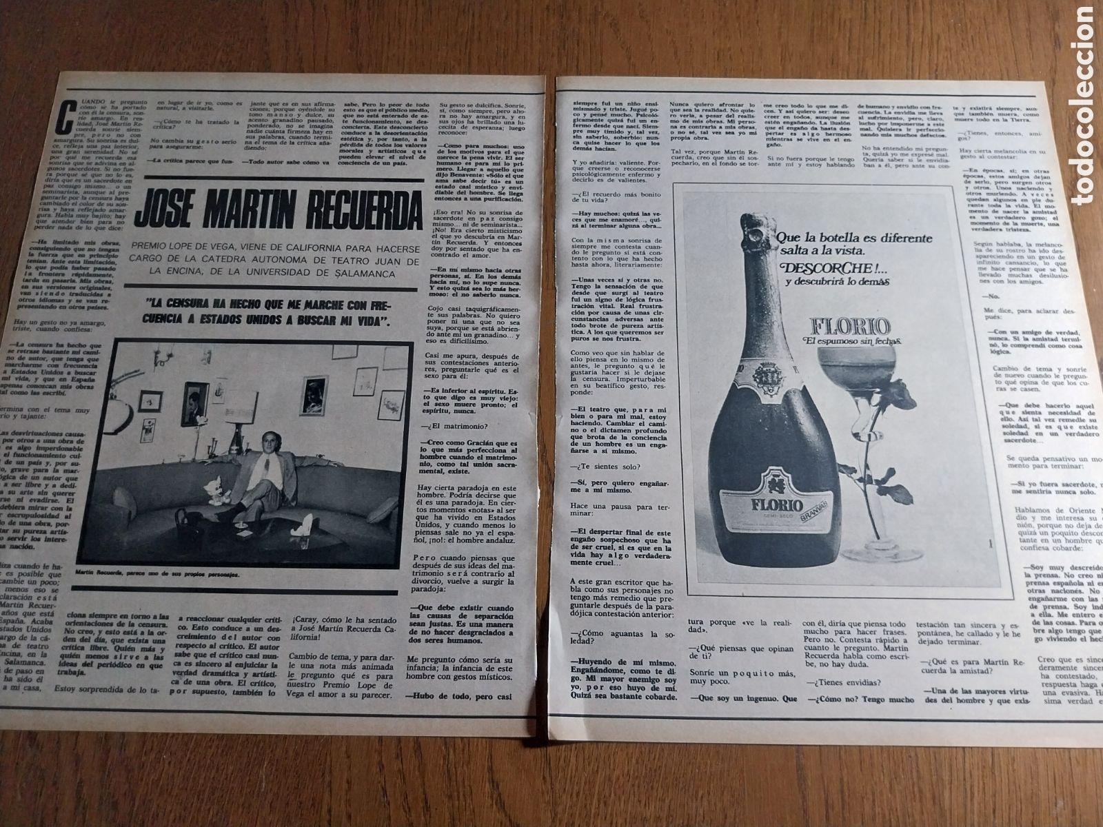 Coleccionismo de Revistas y Peri&oacute;dicos: ENTREVISTA A JOSE MARTIN RECUERDA .PREMIO LOPE DE VEGA. 3 PAGINAS
