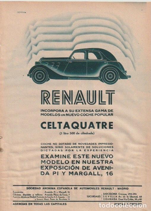 Coleccionismo de Revistas y Peri&oacute;dicos: Publicidad autom&oacute;vil RENAULT CELTAQUATRE / dibujo Casenave - 1934