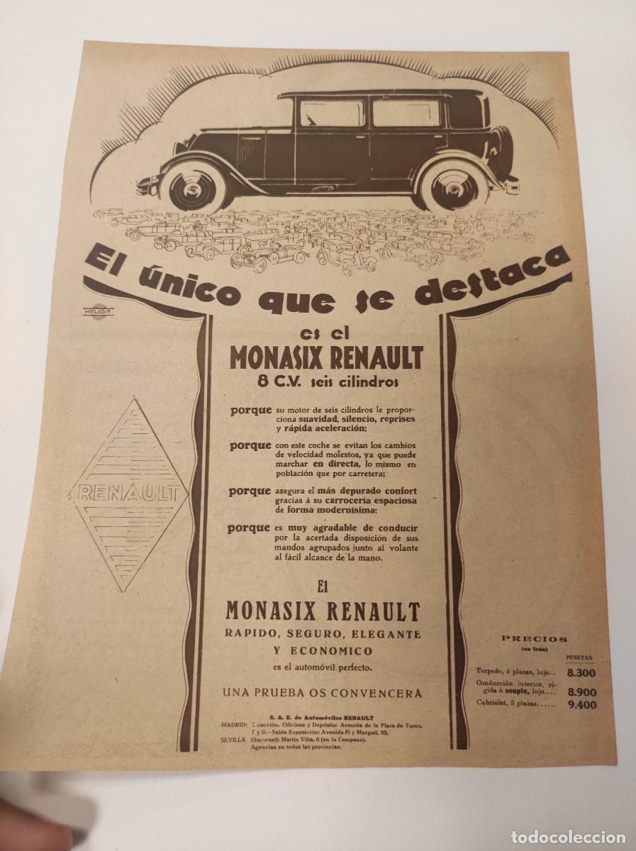 Coleccionismo de Revistas y Peri&oacute;dicos: HOJA PUBLICIDAD REVISTA ORIGINAL A&Ntilde;OS 30. RENAULT MONASIX 8 CABALLOS